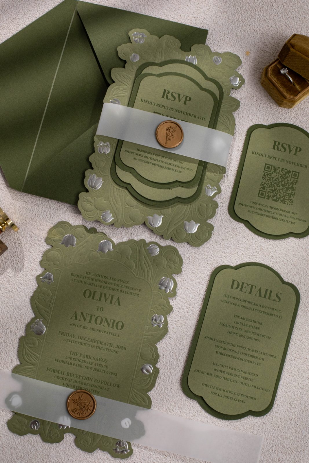 Sage embossed suite with wax seal and vellum band